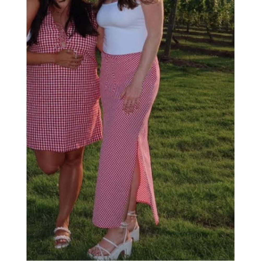 Wild Fable Side Slit Red White Gingham Midi Skirt XXS Lace Trim Picnic